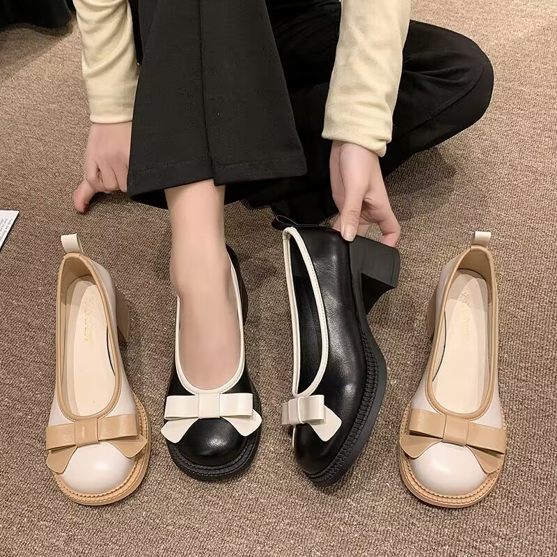 Giầy lolita nữ nơ  gót chân thô  giày đơn thời trang