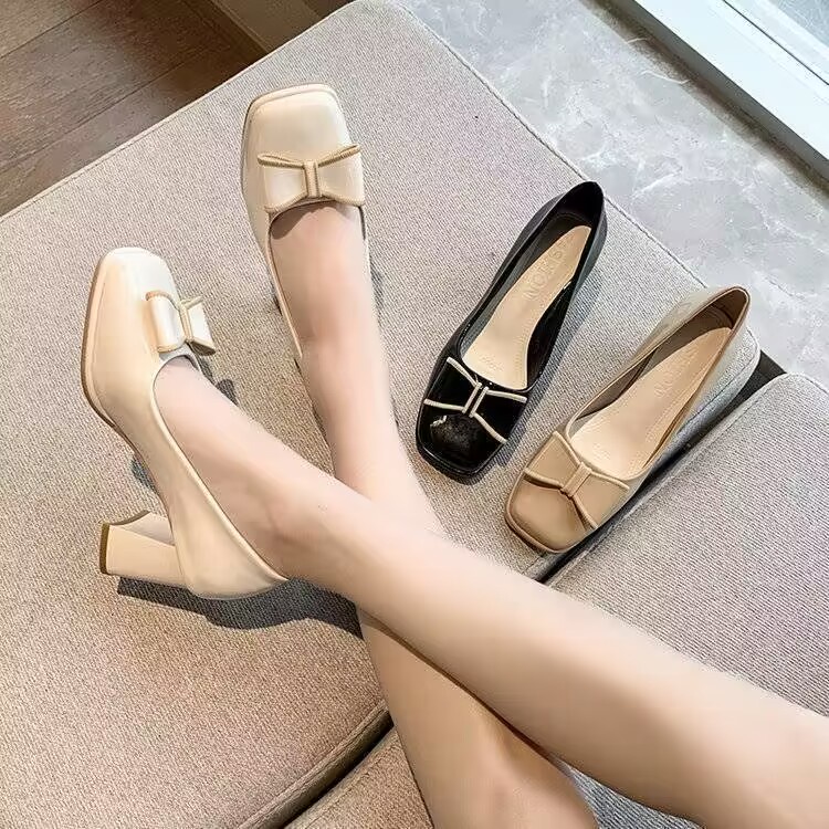 Giày nữ lolita dầu vuông  nơ thô và nơ