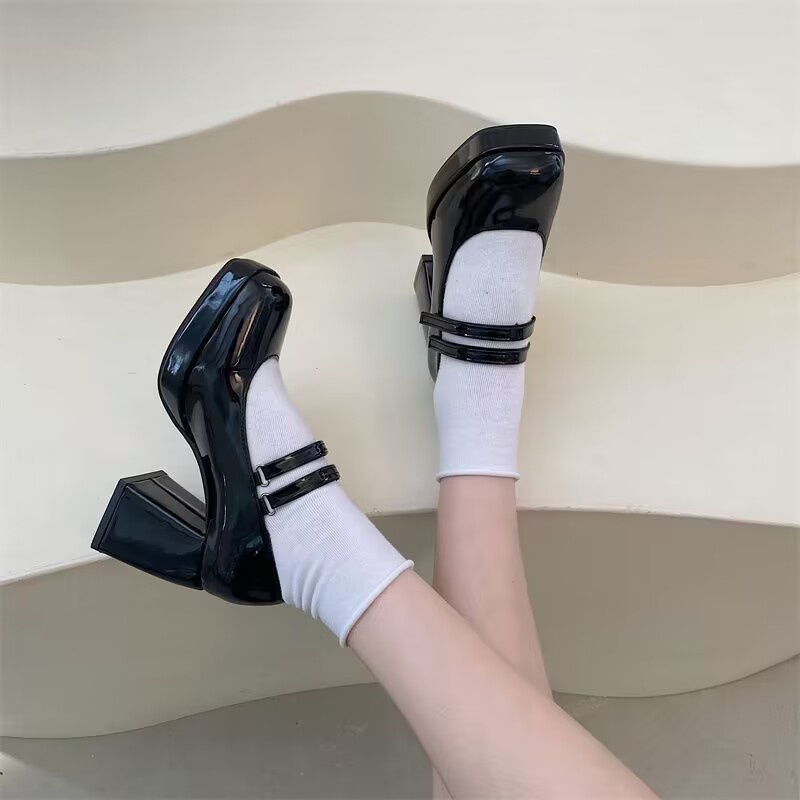 Giầy lolita nữ mary Trân  đầu vuông một chữ thô