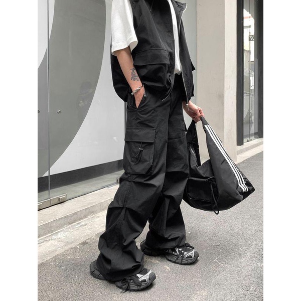 Set Áo Thun Sát Nách Có Nón Và Quần Dài Dáng Rộng Phối Khóa Kéo Thời Trang Cá Tính Cho Nam