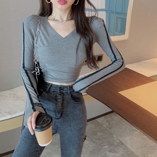 Jiashucheng Áo Thun Ngắn Tay Dài Cổ Chữ V Thiết Kế Tinh Tế Thời Trang Xuân Thu Phong Cách Mới Cho Nữ