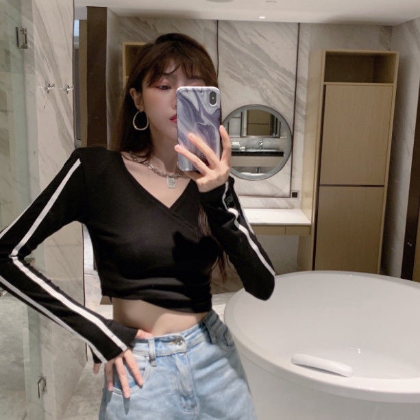 Jiashucheng Áo Thun Ngắn Tay Dài Cổ Chữ V Thiết Kế Tinh Tế Thời Trang Xuân Thu Phong Cách Mới Cho Nữ