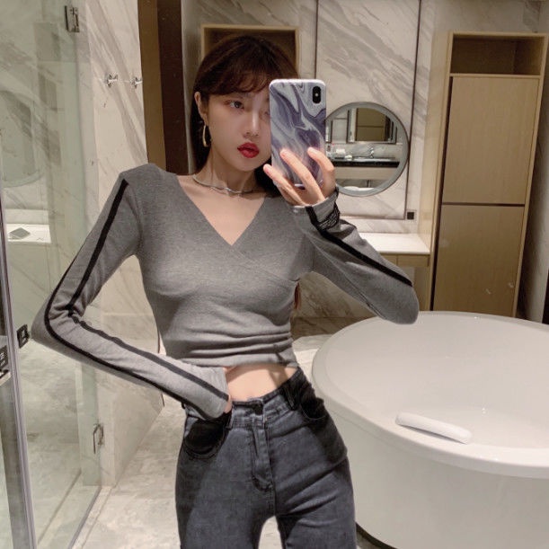 Jiashucheng Áo Thun Ngắn Tay Dài Cổ Chữ V Thiết Kế Tinh Tế Thời Trang Xuân Thu Phong Cách Mới Cho Nữ