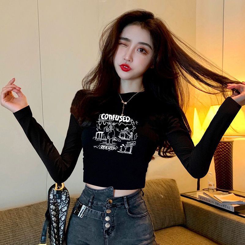 Jiashucheng Áo Thun Tay Dài Dáng Ôm Eo Cao Phong Cách Mỹ Thời Trang Mùa Thu Dành Cho Bạn Nữ