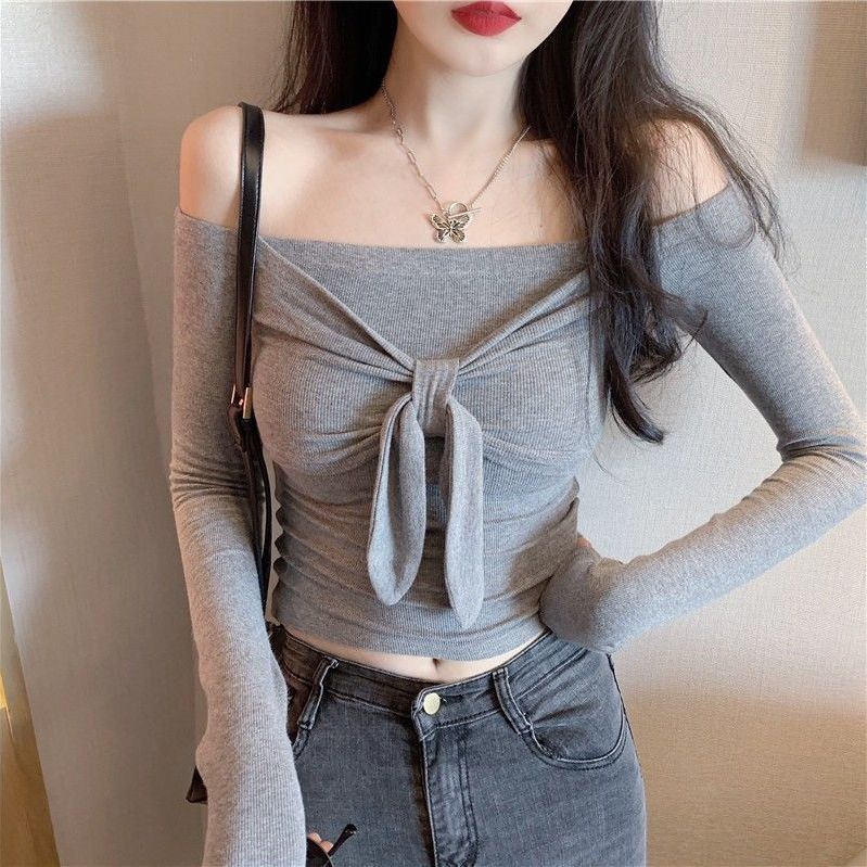 Áo Thun Lửng Tay Dài Dáng Ôm Hở Vai Cột Dây Nơ Thời Trang Xuân Thu Cho Nữ