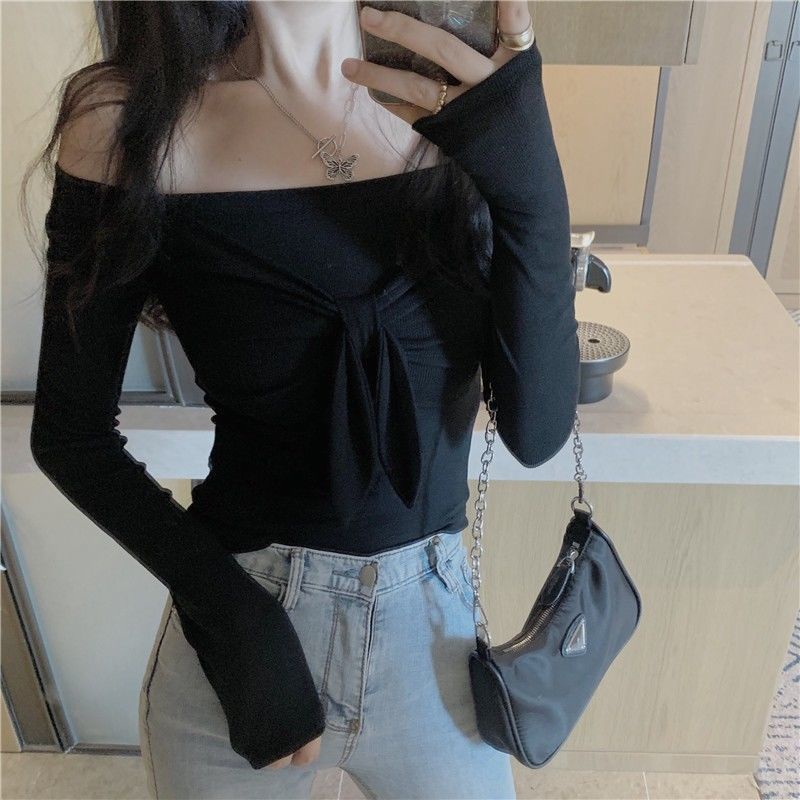 Áo Thun Lửng Tay Dài Dáng Ôm Hở Vai Cột Dây Nơ Thời Trang Xuân Thu Cho Nữ