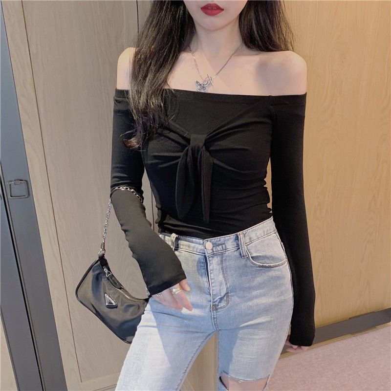 Áo Thun Lửng Tay Dài Dáng Ôm Hở Vai Cột Dây Nơ Thời Trang Xuân Thu Cho Nữ