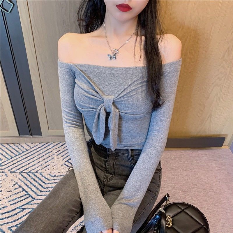 Áo Thun Lửng Tay Dài Dáng Ôm Hở Vai Cột Dây Nơ Thời Trang Xuân Thu Cho Nữ