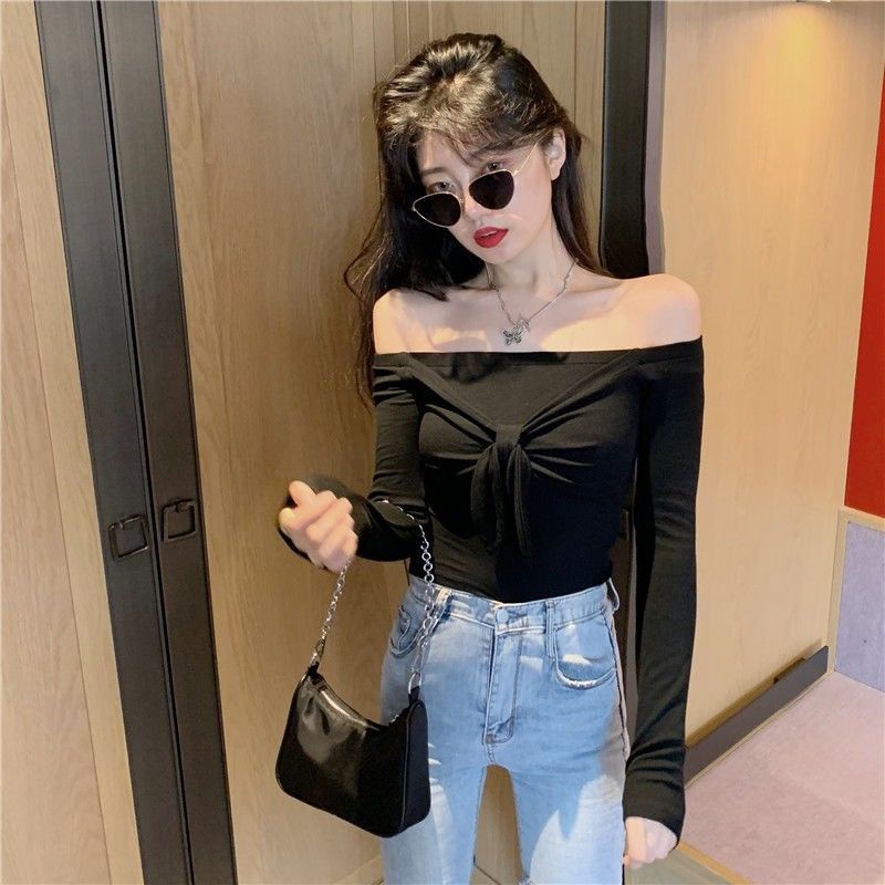 Áo Thun Lửng Tay Dài Dáng Ôm Hở Vai Cột Dây Nơ Thời Trang Xuân Thu Cho Nữ