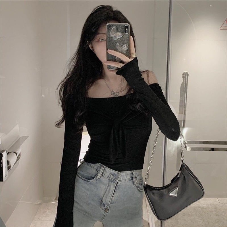 Áo Thun Lửng Tay Dài Dáng Ôm Hở Vai Cột Dây Nơ Thời Trang Xuân Thu Cho Nữ