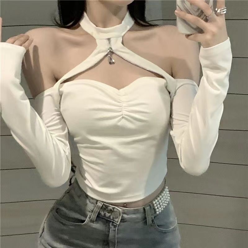 Jiashucheng Áo Tay Dài Hở Vai Phối Khóa Kéo Phong Cách Pháp Thời Trang Mùa Thu Mới Dành Cho Bạn Gái Nóng Bỏng Hal