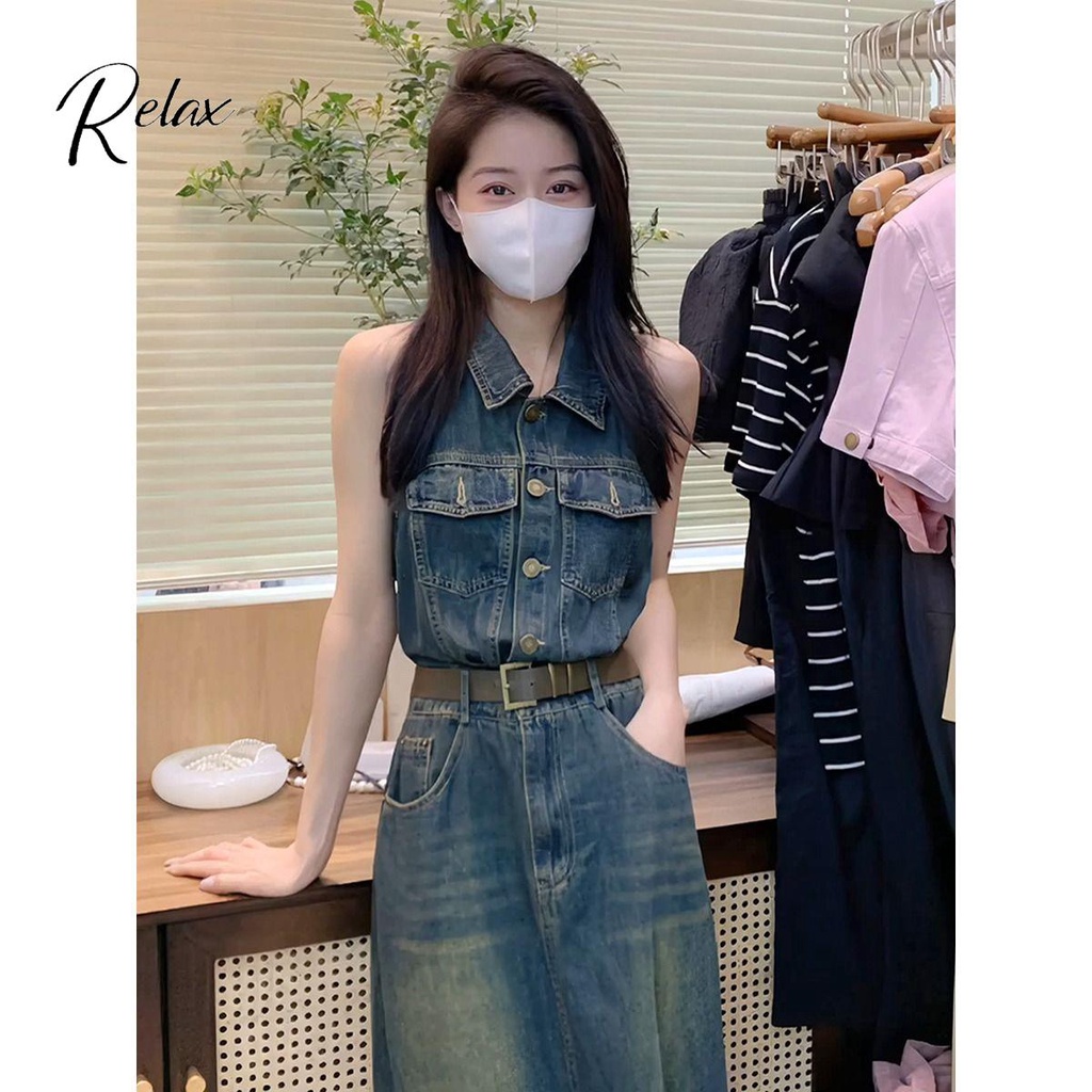 Đầm Yếm Denim Cổ Polo Phong Cách Retro Hong Kong Thời Trang Mùa Hè 2023 Cho Nữ