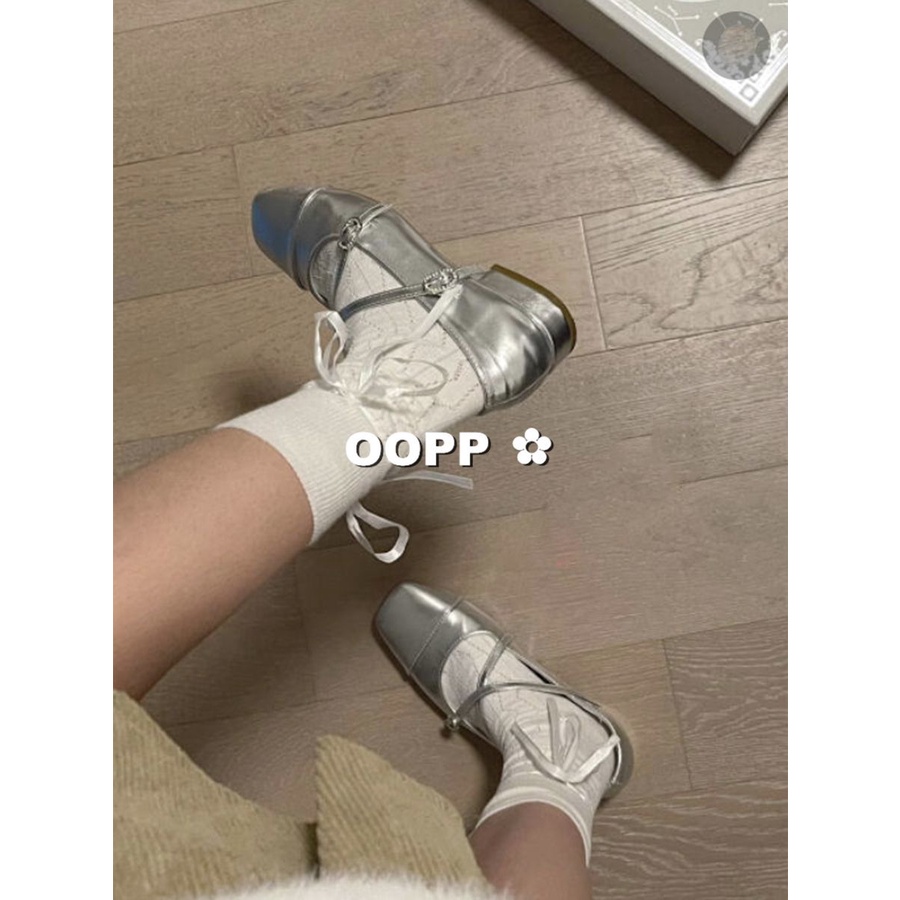Giày Búp Bê Gót Dày Mũi Vuông Phối Khóa Gài Màu Bạc Thời Trang Cao Cấp Cho Nữ