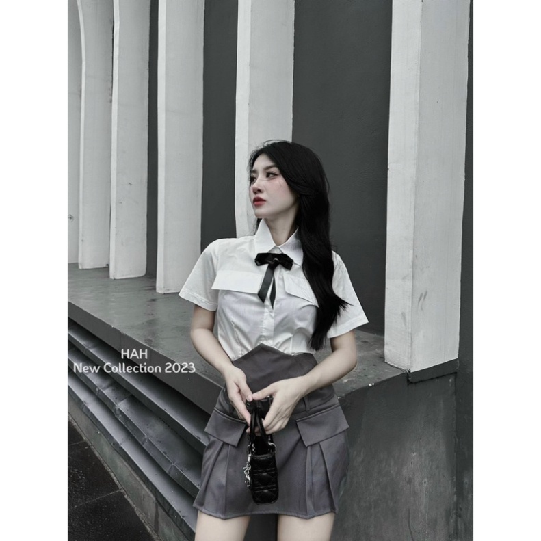 Set đồ nữ áo sơ mi túi nắp chân váy cạp cao phối đai siêu cá tính cho nàng