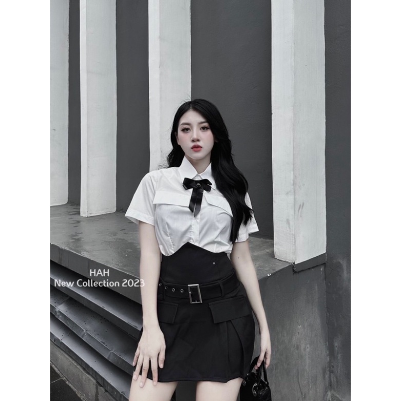 Set đồ nữ áo sơ mi túi nắp chân váy cạp cao phối đai siêu cá tính cho nàng