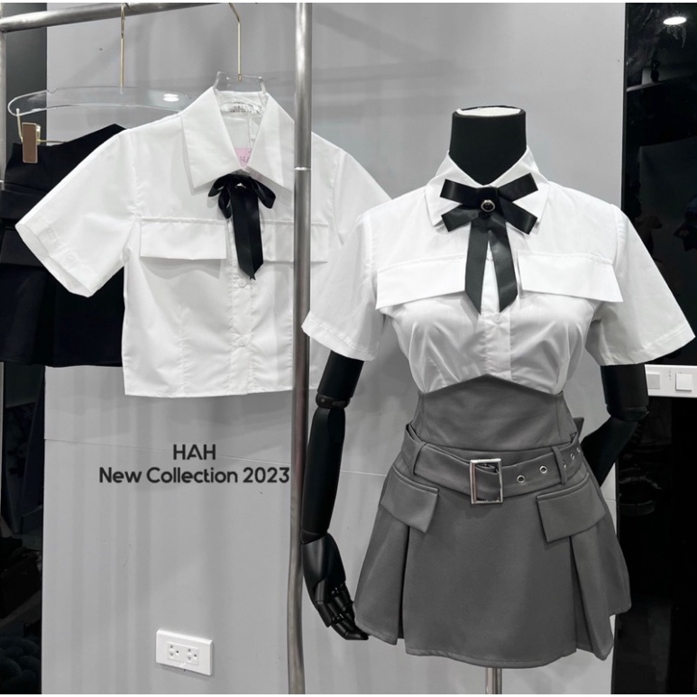 Set đồ nữ áo sơ mi túi nắp chân váy cạp cao phối đai siêu cá tính cho nàng