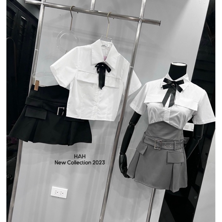 Set đồ nữ áo sơ mi túi nắp chân váy cạp cao phối đai siêu cá tính cho nàng