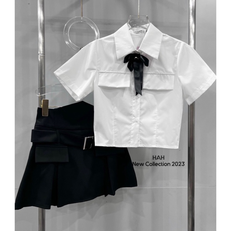 Set đồ nữ áo sơ mi túi nắp chân váy cạp cao phối đai siêu cá tính cho nàng