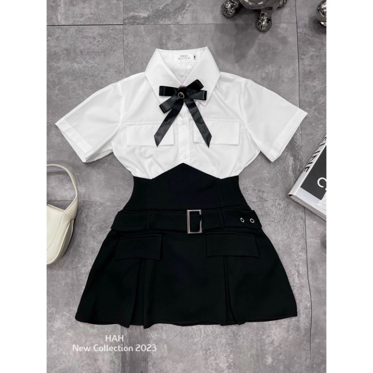 Set đồ nữ áo sơ mi túi nắp chân váy cạp cao phối đai siêu cá tính cho nàng