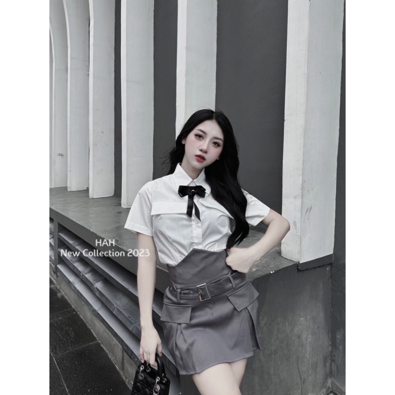 Set đồ nữ áo sơ mi túi nắp chân váy cạp cao phối đai siêu cá tính cho nàng