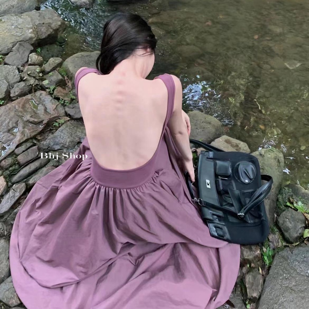 Đầm hai dây BJHG WAVW dáng chữ A dài vừa phải màu trơn cho nữ