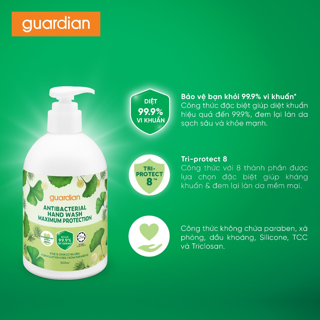 Nước Rửa Tay Sạch Khuẩn Guardian Antibacterial Handwash Maximun Protection Bảo Vệ Tối Ưu 500ml
