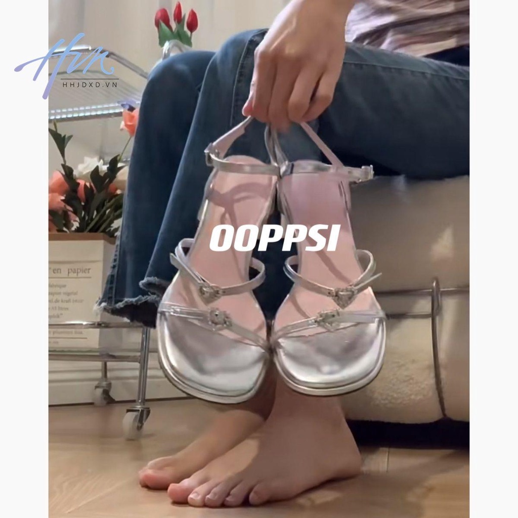 Sandal Một Mảnh Gót Dày Quai Chữ A Đính Đá Phong Cách Pháp Thời Trang Mùa Hè Mới 2023