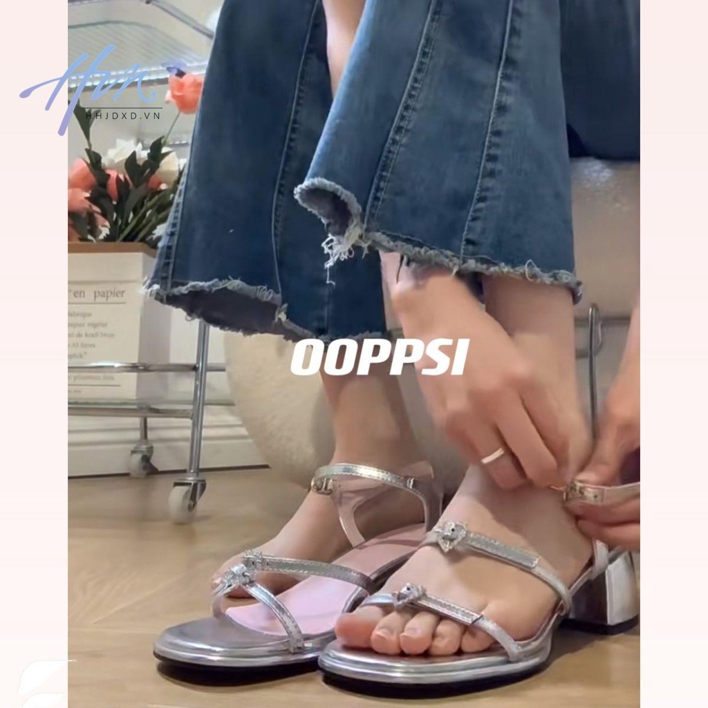 Sandal Một Mảnh Gót Dày Quai Chữ A Đính Đá Phong Cách Pháp Thời Trang Mùa Hè Mới 2023