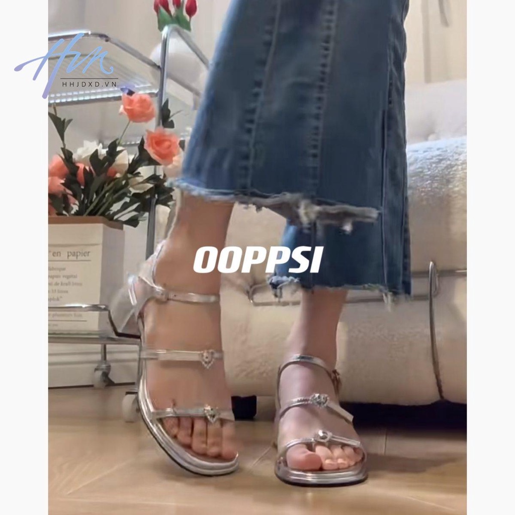 Sandal Một Mảnh Gót Dày Quai Chữ A Đính Đá Phong Cách Pháp Thời Trang Mùa Hè Mới 2023