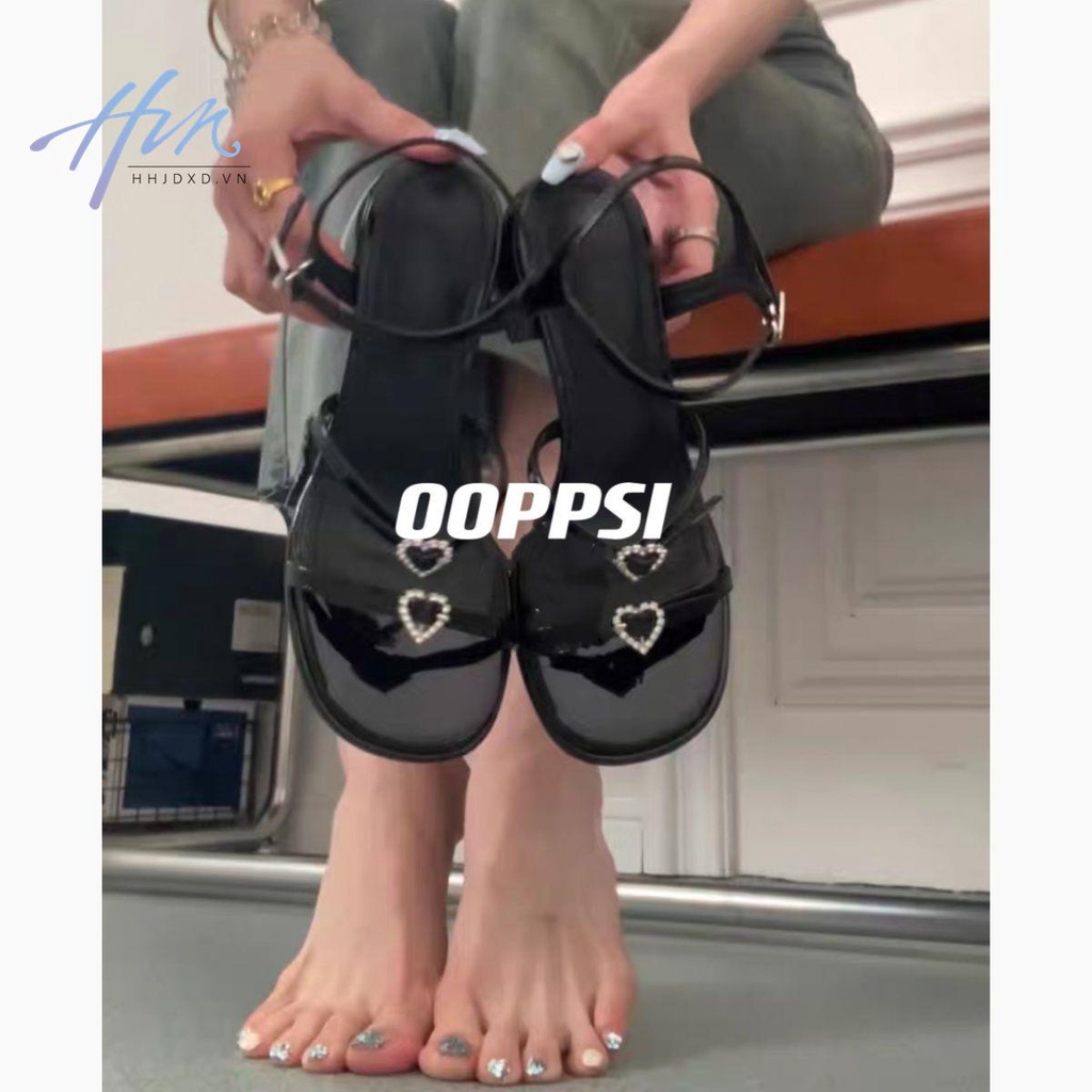 Sandal Một Mảnh Gót Dày Quai Chữ A Đính Đá Phong Cách Pháp Thời Trang Mùa Hè Mới 2023