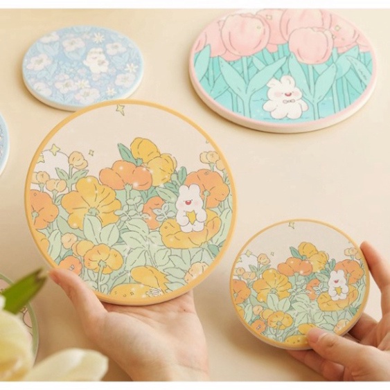 Tấm Đựng ly, cốc làm bằng đá thấm hút nước hoạ tiết hoạt hình dễ thương phong cách Hàn Quốc