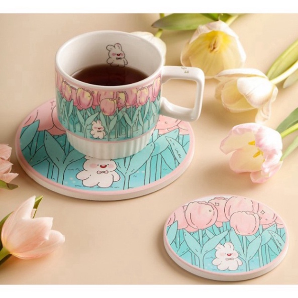 Tấm Đựng ly, cốc làm bằng đá thấm hút nước hoạ tiết hoạt hình dễ thương phong cách Hàn Quốc