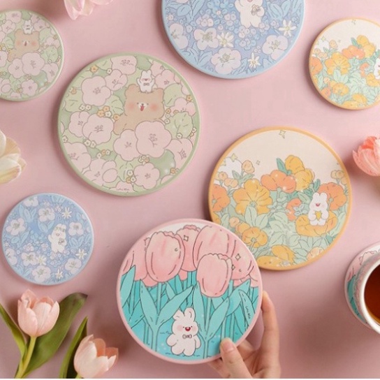 Tấm Đựng ly, cốc làm bằng đá thấm hút nước hoạ tiết hoạt hình dễ thương phong cách Hàn Quốc