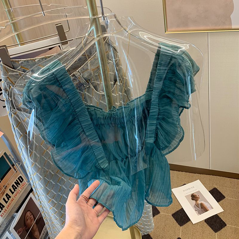 Áo Chiffon Sát Nách Phối Ren Màu Xanh Lá Thời Trang Mùa Hè Mới 2023