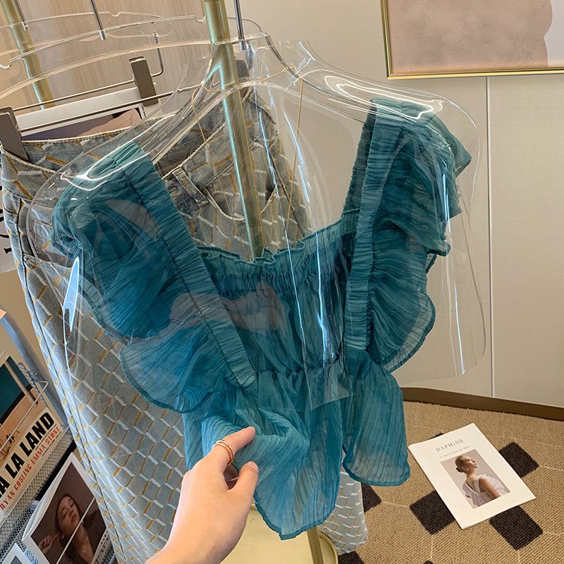 Áo Chiffon Sát Nách Phối Ren Màu Xanh Lá Thời Trang Mùa Hè Mới 2023