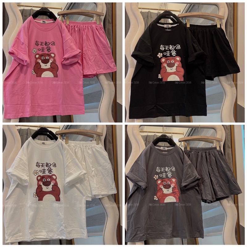 Sét Bộ Đùi Nữ 3158 Cotton Khô Form Rộng Nữ Unisex In Hình Gấu Lotso Chữ Hàn