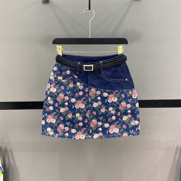 Hàng Châu Âu Mùa Hè 2023 Chân Váy Denim Ngắn Lưng Cao Khâu Hoa Cổ Điển Chống Chói Hông Cho Nữ
