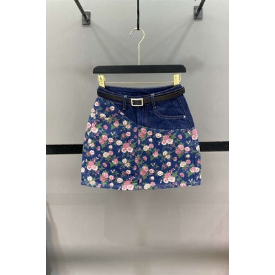 Hàng Châu Âu Mùa Hè 2023 Chân Váy Denim Ngắn Lưng Cao Khâu Hoa Cổ Điển Chống Chói Hông Cho Nữ