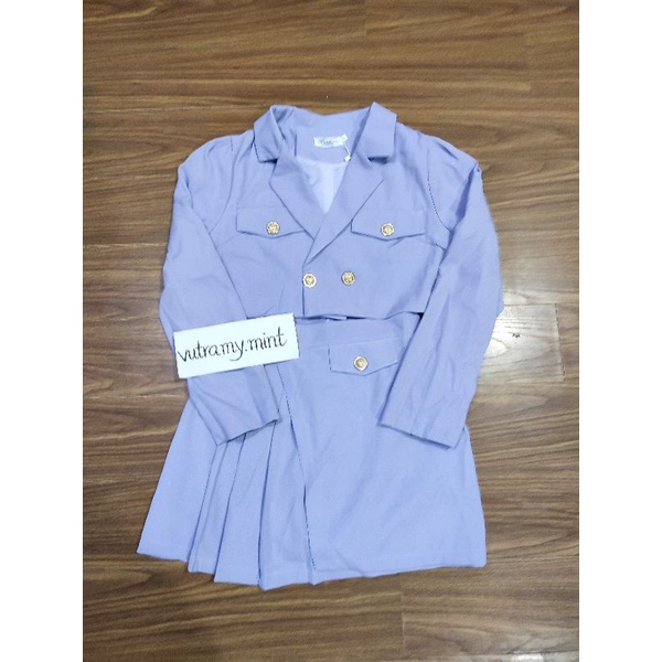 Set Áo Khoác Vest Chân Váy Xếp Ly Lệch Tím Pastel