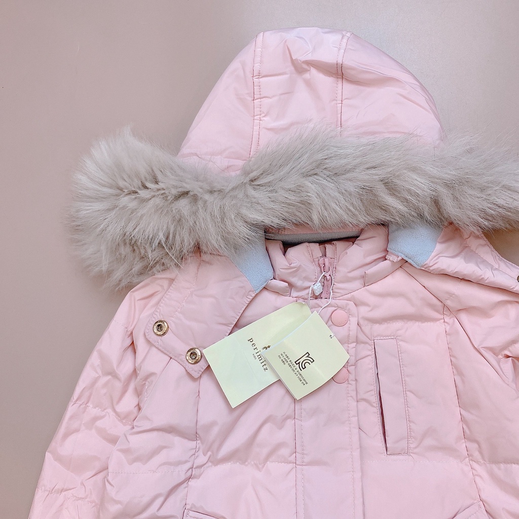 Áo phao dáng dài lông vũ Perimitz màu hồng kèm gile màu ghi size 100 - 150