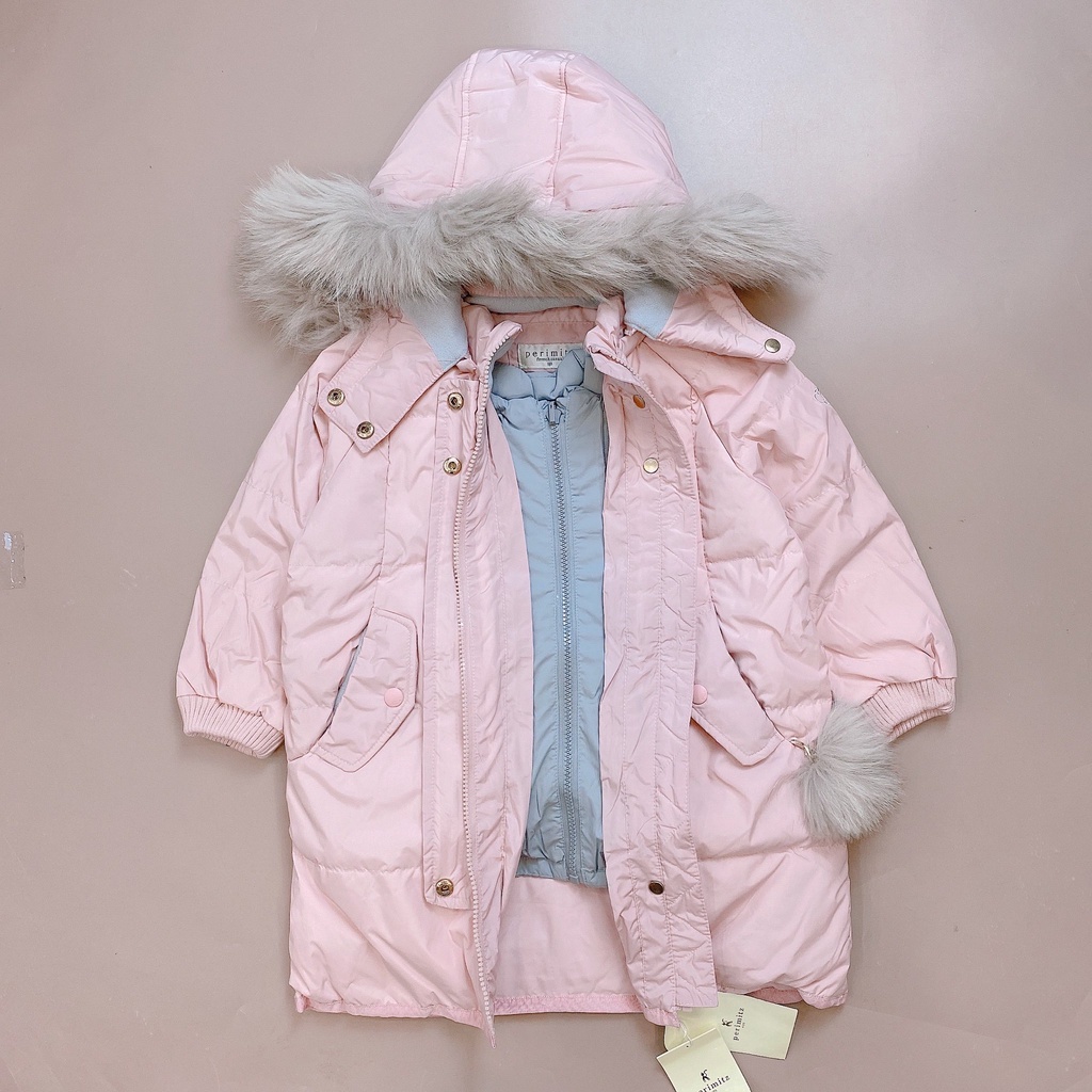 Áo phao dáng dài lông vũ Perimitz màu hồng kèm gile màu ghi size 100 - 150