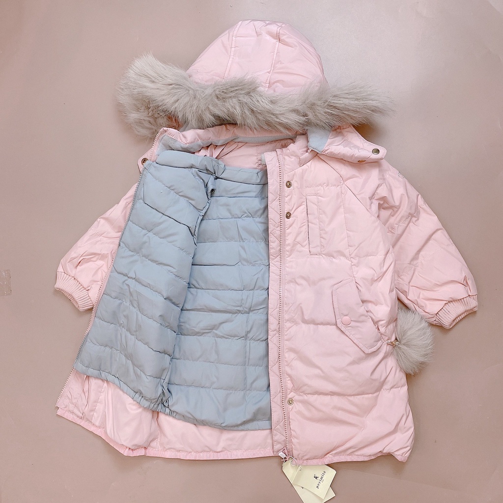 Áo phao dáng dài lông vũ Perimitz màu hồng kèm gile màu ghi size 100 - 150