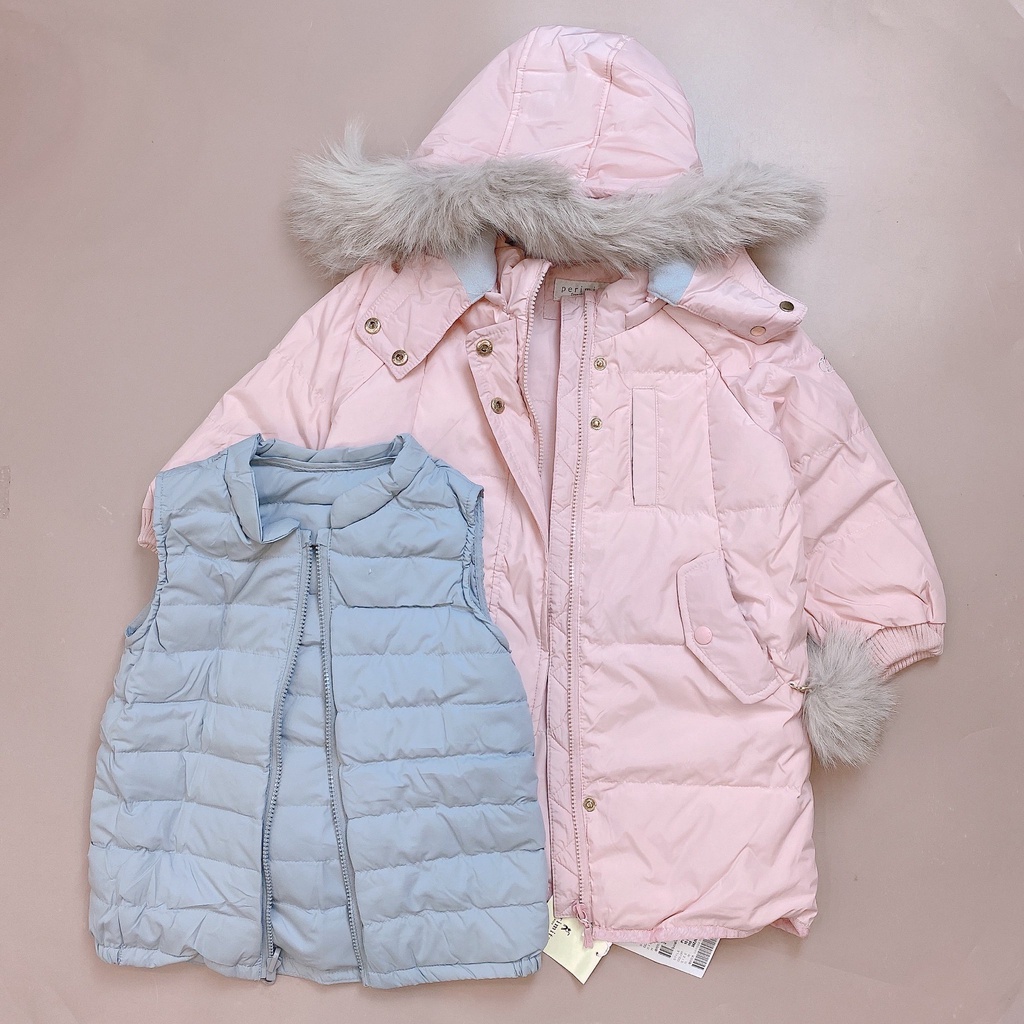Áo phao dáng dài lông vũ Perimitz màu hồng kèm gile màu ghi size 100 - 150