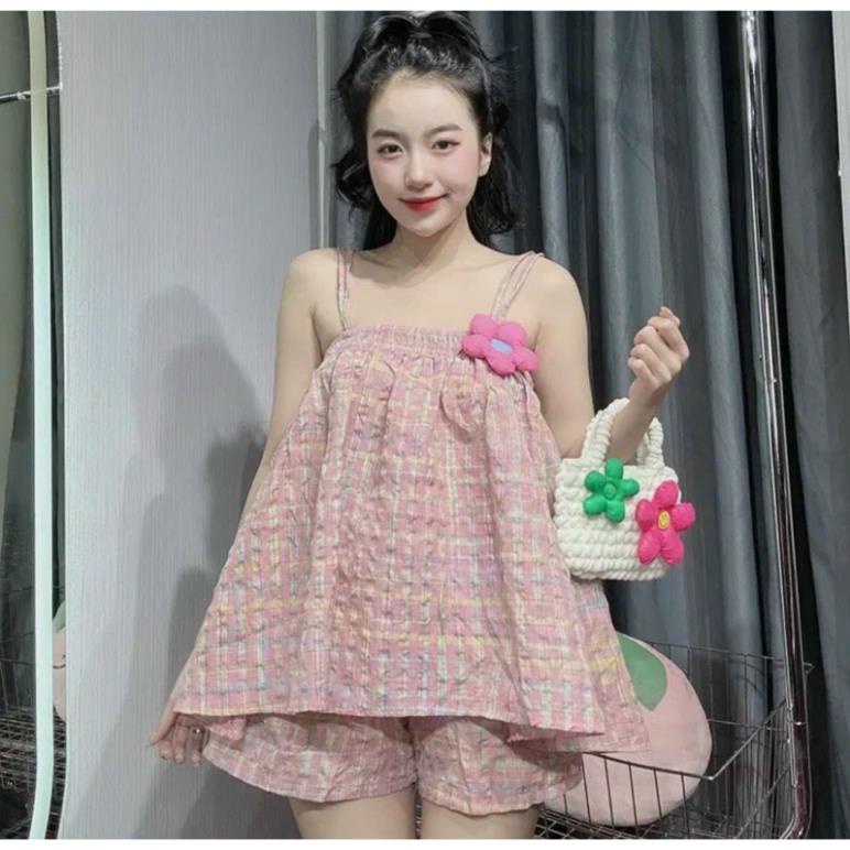 Set bộ babydoll hồng tiểu thư, set váy hồng công chúa cánh tiên
