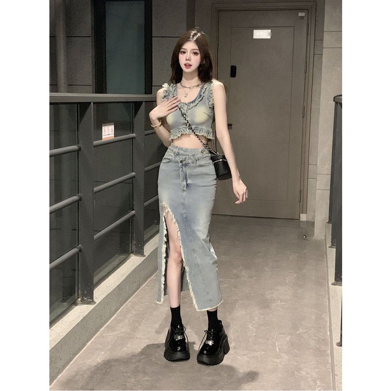 Set Áo Váy Denim Xẻ Tà Thời Trang Dành Cho Nữ