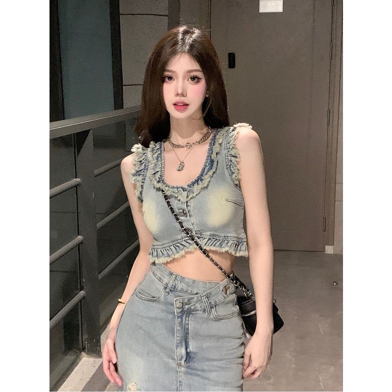 Set Áo Váy Denim Xẻ Tà Thời Trang Dành Cho Nữ