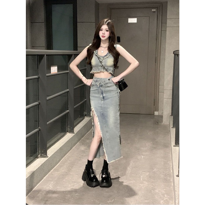 Set Áo Váy Denim Xẻ Tà Thời Trang Dành Cho Nữ