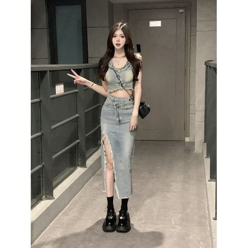 Set Áo Váy Denim Xẻ Tà Thời Trang Dành Cho Nữ