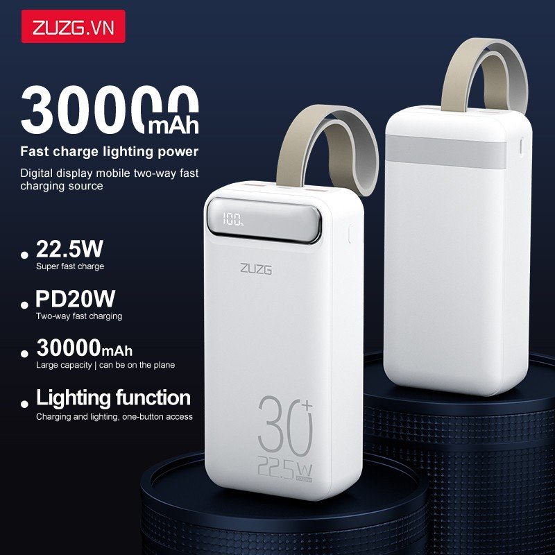 Sạc dự phòng 30000mah sạc nhanh 22.5w có đèn led chất liệu nhựa abs chống cháy nổ chính hãng ZUZG J31
