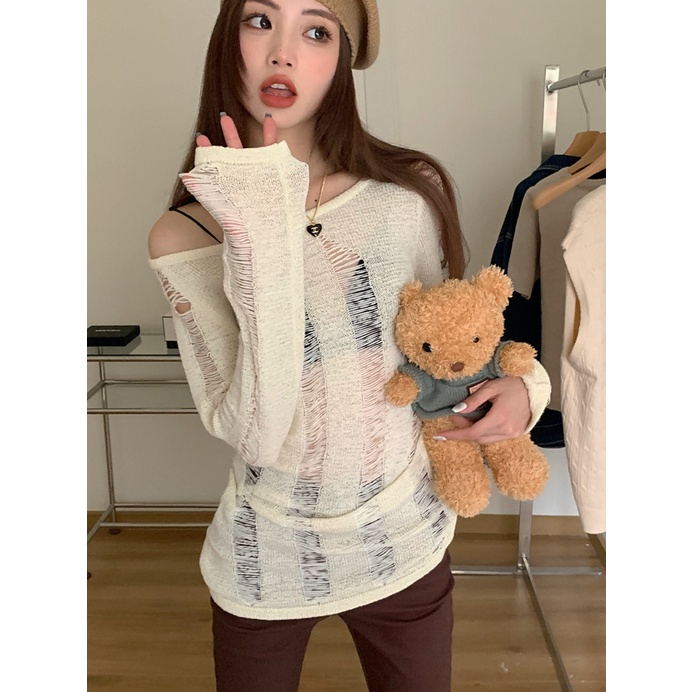 Áo Dệt Kim Tay Dài Trễ Vai Phong Cách Pháp Ngọt Ngào Thiết Kế Mới Cho Nữ